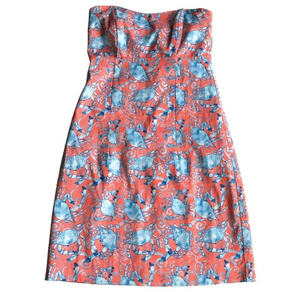 Kaeli Smith Strapless Tie Back Tropical Beachy Crab Blue & Orange Dress - Size 2 - Picture 1 of 10